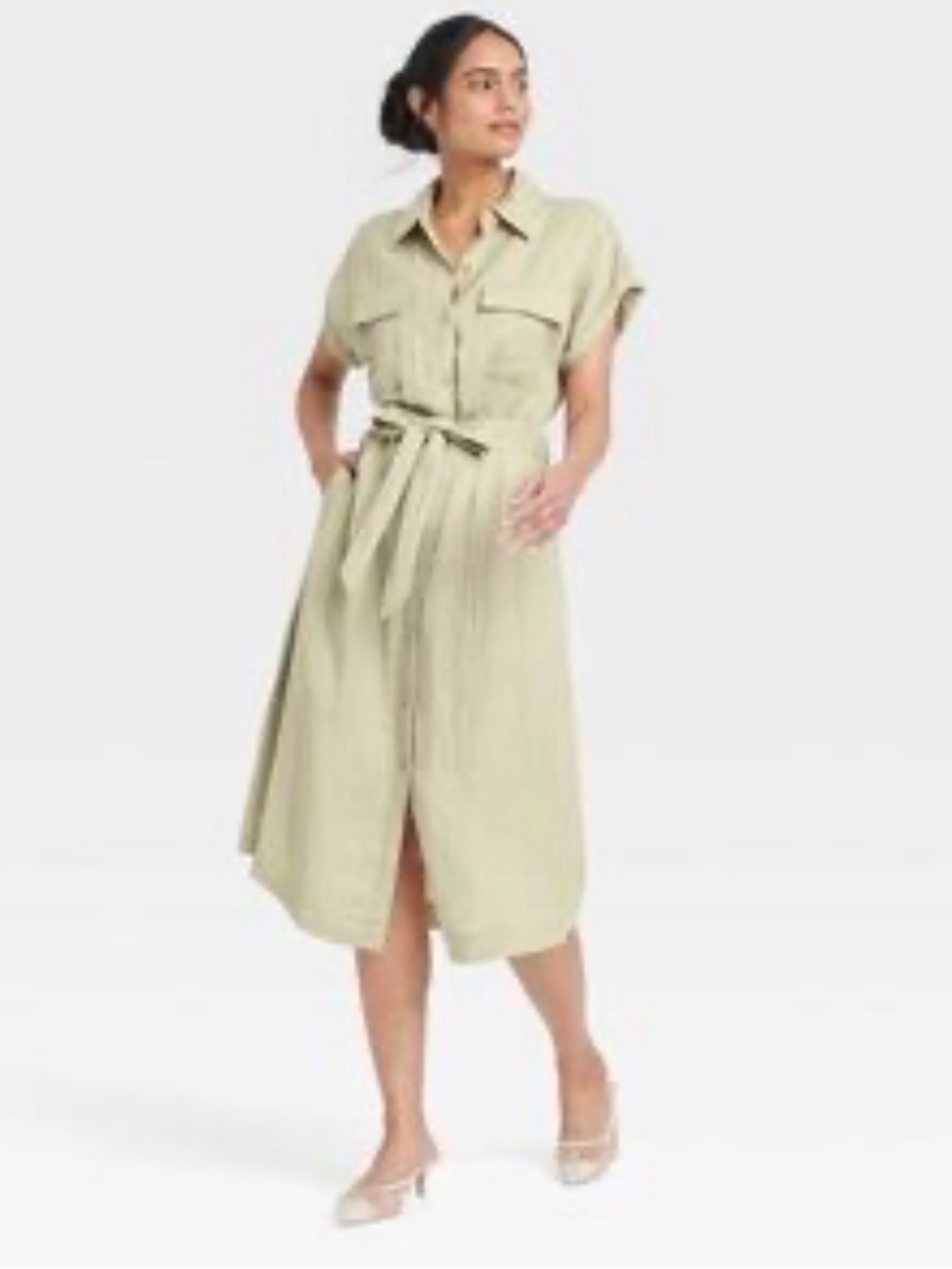 a new day Light Olive Button-Front Midi Shirt Dress with Tie Waist